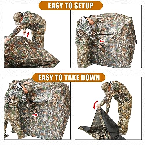 HUNT MONSTER Hunting Blind 2-3 Person with Tri-Leg Hunting Stool, 270 Degree See Through Pop up Ground Blinds for Deer Turkey Duck Hunting, Bow Hunting Adjust Windows with Silent Zipper