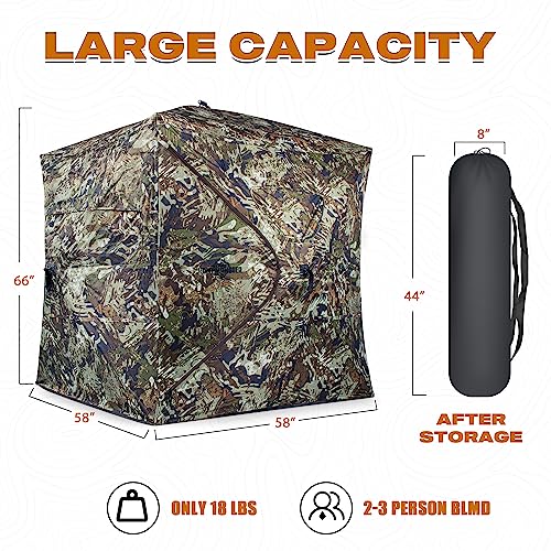 HUNT MONSTER Hunting Blind 2-3 Person with Tri-Leg Hunting Stool, 270 Degree See Through Pop up Ground Blinds for Deer Turkey Duck Hunting, Bow Hunting Adjust Windows with Silent Zipper