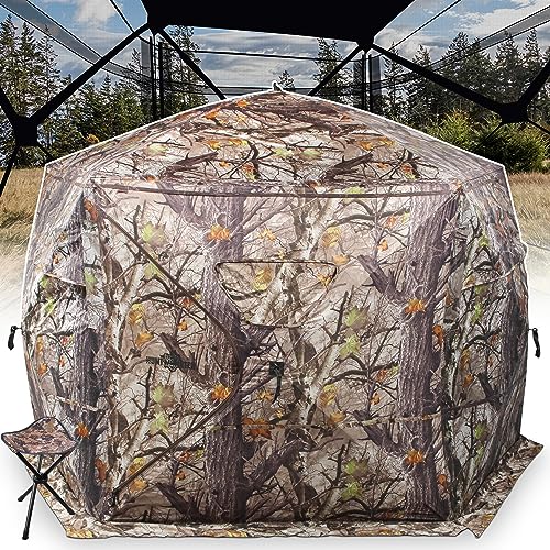 HUNT MONSTER 5 Side Hunting Blind 1-4 Person with Tri-Leg Hunting Stool, 288 Degree See Through Pop up Ground Blinds for Deer Turkey Duck Hunting, Bow Hunting Adjust Windows with Silent Zipper