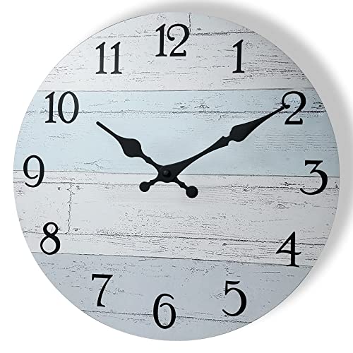 Plumeet Wall Clock, 12'' Frameless Wooden Wall Clocks with Silent Quartz Movement, Rustic Coastal Country Village Clocks Decorative for Kitchen Bedroom Living Room