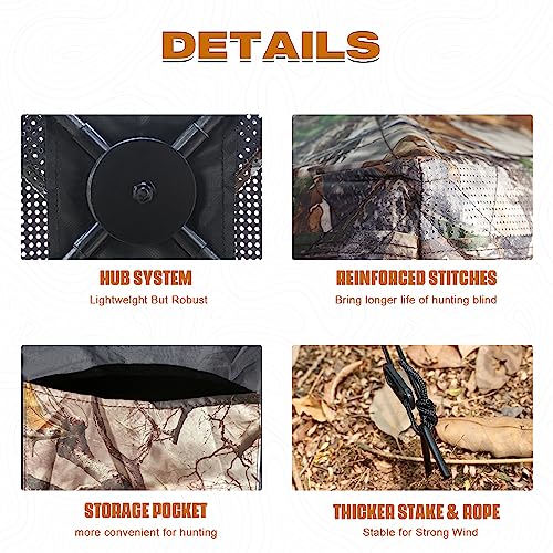 HUNT MONSTER 5 Side Hunting Blind 1-4 Person with Tri-Leg Hunting Stool, 288 Degree See Through Pop up Ground Blinds for Deer Turkey Duck Hunting, Bow Hunting Adjust Windows with Silent Zipper