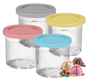 4 pack ice cream containers compatible with ninja creami nc299amz nc300 & nc301 series ice cream maker, replacement pints containers and lids, bpa-free & dishwasher safe, grey/blue/pink/yellow