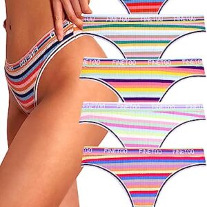 FINETOO Cotton Thongs for Women Sexy Soft Breathable Thong Underwear Low Rise Colorful Stripes Hipster Panties 5 PacK(5AM)