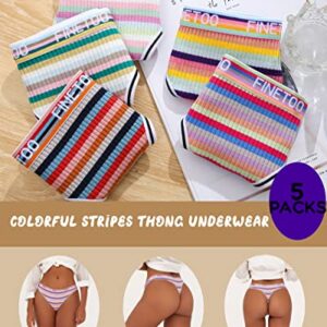 FINETOO Cotton Thongs for Women Sexy Soft Breathable Thong Underwear Low Rise Colorful Stripes Hipster Panties 5 PacK(5AM)