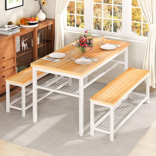 Lamerge 3-Piece Dining Table Set, Oak Dining Table with Storage Shelf, Kitchen Table and Chairs Set for 4, Dining Table Set with 2 Benches, Industrial Dining Table Set for Dining Room, Kitchen