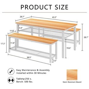 Lamerge 3-Piece Dining Table Set, Oak Dining Table with Storage Shelf, Kitchen Table and Chairs Set for 4, Dining Table Set with 2 Benches, Industrial Dining Table Set for Dining Room, Kitchen