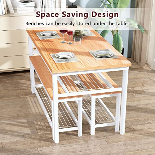 Lamerge 3-Piece Dining Table Set, Oak Dining Table with Storage Shelf, Kitchen Table and Chairs Set for 4, Dining Table Set with 2 Benches, Industrial Dining Table Set for Dining Room, Kitchen