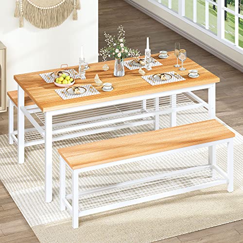 Lamerge 3-Piece Dining Table Set, Oak Dining Table with Storage Shelf, Kitchen Table and Chairs Set for 4, Dining Table Set with 2 Benches, Industrial Dining Table Set for Dining Room, Kitchen