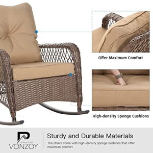 VONZOY Outdoor Rocking Chair, Wicker Patio Furniture with Thickened Cushions for Porch (Khaki)