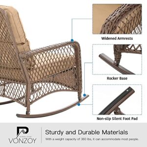 VONZOY Outdoor Rocking Chair, Wicker Patio Furniture with Thickened Cushions for Porch (Khaki)