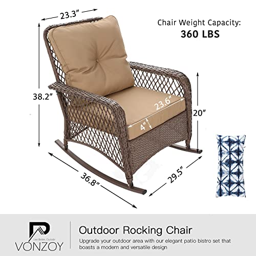 VONZOY Outdoor Rocking Chair, Wicker Patio Furniture with Thickened Cushions for Porch (Khaki)