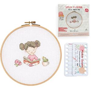maker susan loves reading pattern counted cross stitch kits for adults and beginners with wooden hoop, dmc fabric, threads and needles, embroidery thread floss organizer cards, embroidery kit (e2002)