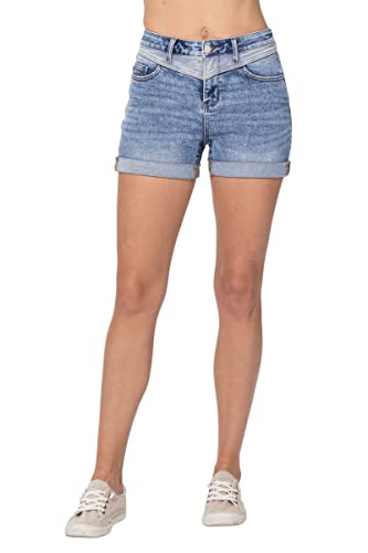 Judy Blue Women's High-Waist Two-Tone Yoke Shorts (Medium Blue, Medium)