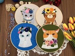 hi stone 4 embroidery sets for beginners, diy adult beginner cross stitch kits, 4 cross stitch kits, 2 embroidery hoops,scissors,needles,needlepoint kit for adults