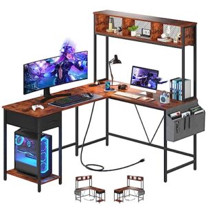 yoobure l shaped desk with power outlet, reversible l shaped computer desk with storage shelf and drawer, corner desk with storage bag, 2 person home office desk, industrial gaming desk with usb ports