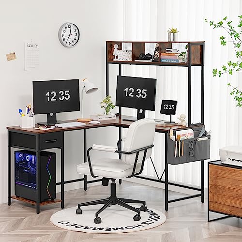 Yoobure L Shaped Desk with Power Outlet, Reversible L Shaped Computer Desk with Storage Shelf and Drawer, Corner Desk with Storage Bag, 2 Person Home Office Desk, Industrial Gaming Desk with USB Ports