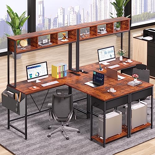 Yoobure L Shaped Desk with Power Outlet, Reversible L Shaped Computer Desk with Storage Shelf and Drawer, Corner Desk with Storage Bag, 2 Person Home Office Desk, Industrial Gaming Desk with USB Ports