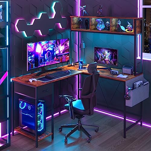 Yoobure L Shaped Desk with Power Outlet, Reversible L Shaped Computer Desk with Storage Shelf and Drawer, Corner Desk with Storage Bag, 2 Person Home Office Desk, Industrial Gaming Desk with USB Ports