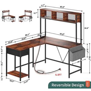 Yoobure L Shaped Desk with Power Outlet, Reversible L Shaped Computer Desk with Storage Shelf and Drawer, Corner Desk with Storage Bag, 2 Person Home Office Desk, Industrial Gaming Desk with USB Ports