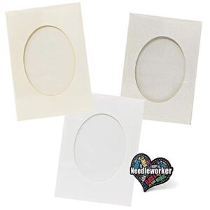 cross stitch aperture greeting card set with white envelopes, set of 30-10 white, 10 ivory & 10 parchment color with 'needleworker' sticker