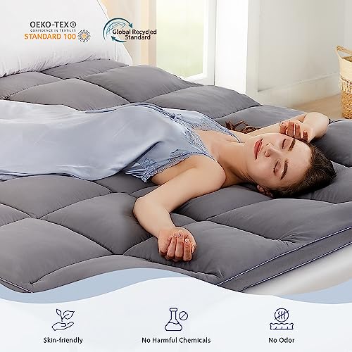 Timimi Mattress Topper Queen - Cooling Pillow Top Mattress Topper Queen Size Extra Thick Plush Bed Topper Down Alternative Overfilled Soft Mattress Pad for Back Pain