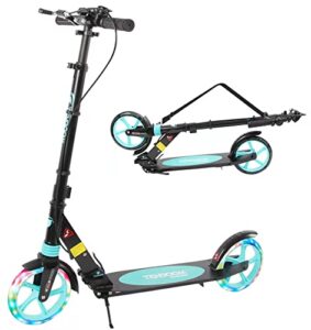 tenboom scooter for ages 8+ teens and adults kick scooter foldable with double braking system bells adjustable handlebars kickstand max load 220 lbs 8" big wheels