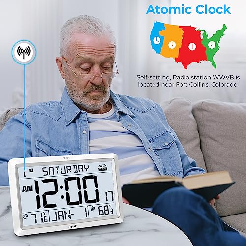 HODIK Atomic Clock with Indoor Outdoor Temperature Wireless, Large 7.5 Inch LCD with Backlight, Self-Setting Battery Powered with High Precision Sensor