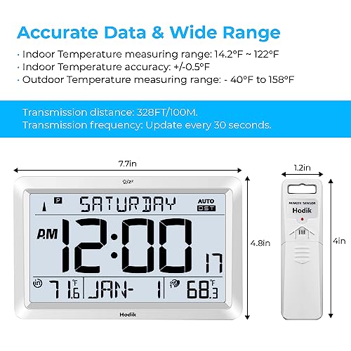 HODIK Atomic Clock with Indoor Outdoor Temperature Wireless, Large 7.5 Inch LCD with Backlight, Self-Setting Battery Powered with High Precision Sensor