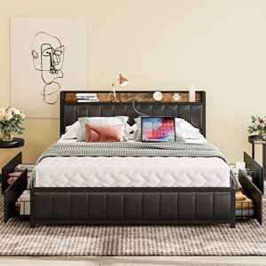 anctor queen bed frame with storage drawers headboard & footboard, upholstered platform bed with usb ports & outlets, no box spring needed