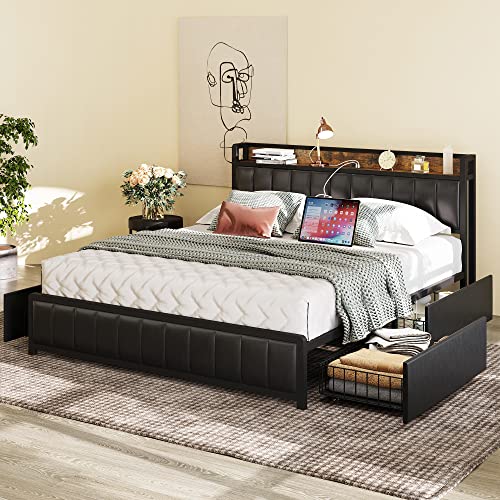 ANCTOR Queen Bed Frame with Storage Drawers Headboard & Footboard, Upholstered Platform Bed with USB Ports & Outlets, No Box Spring Needed