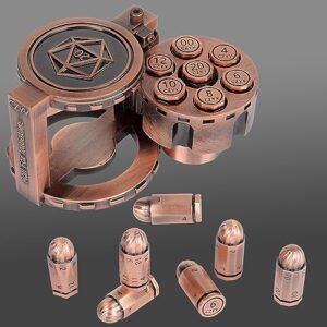 czyy metal polyhedral bullet dice set of 7 with spinning revolver cylinder container - cyberpunk style dice for warhammer 40k, d&d, sci-fi, war, or crime theme tabletop games (copper)
