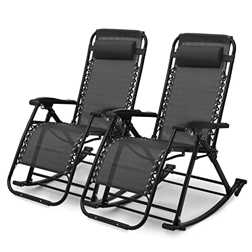 MoNiBloom Rocking Lounger Outdoor Chair Set of 2, Portable High Back Compact Foldable Reclining Zero Gravity Lounge Patio Rocking Chair with Adjustable Armrest and Footrest for Beach Yard Pool Outdoor