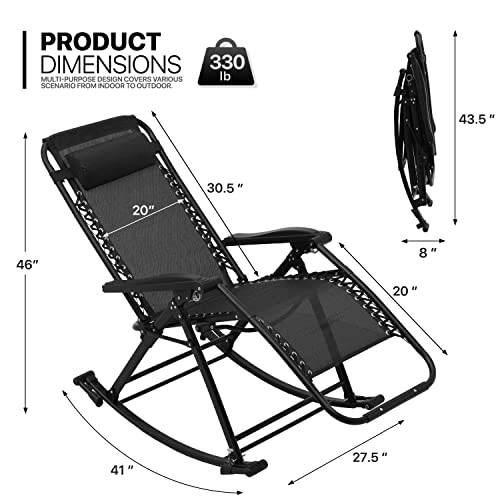 MoNiBloom Rocking Lounger Outdoor Chair Set of 2, Portable High Back Compact Foldable Reclining Zero Gravity Lounge Patio Rocking Chair with Adjustable Armrest and Footrest for Beach Yard Pool Outdoor