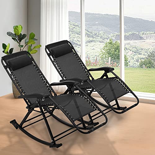 MoNiBloom Rocking Lounger Outdoor Chair Set of 2, Portable High Back Compact Foldable Reclining Zero Gravity Lounge Patio Rocking Chair with Adjustable Armrest and Footrest for Beach Yard Pool Outdoor