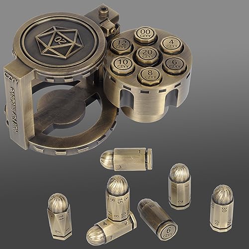 CZYY Metal Polyhedral Bullet Dice Set of 7 with Spinning Revolver Cylinder Container - Cyberpunk Style Dice for Warhammer 40K, D&D, Sci-Fi, War, or Crime Theme Tabletop Games (Bronze)