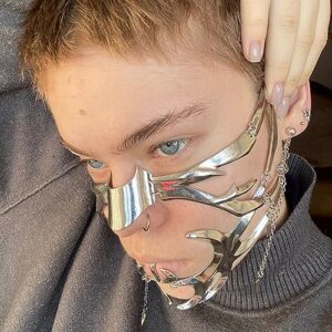 eddie munson punk mechanical mask for women-irregular liquid design metal face accessories-halloween party prom mask for women men (2pcs nose+lip)