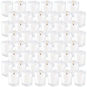 set of 48 white votive candles,unscented candles filled in clear glass,ideal gift for weddings,emergency lighting,aromatherapy,holidays,meditation,parties
