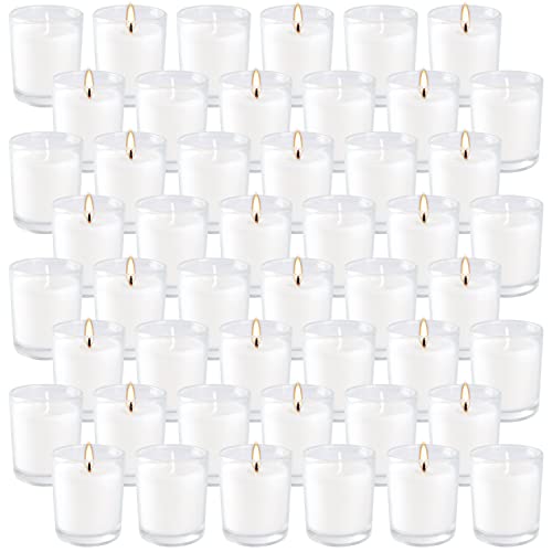 Set of 48 White Votive Candles,Unscented Candles Filled in Clear Glass,Ideal Gift for Weddings,Emergency Lighting,Aromatherapy,Holidays,Meditation,Parties