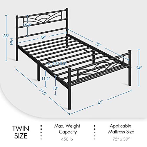 Yaheetech Twin Size Bed Frame Metal Platform Bed Mattress Foundation with Cloud-Inspired Design Headboard/Footboard/Ample Under Bed Storage/No Box Spring Needed/Twin Size Black