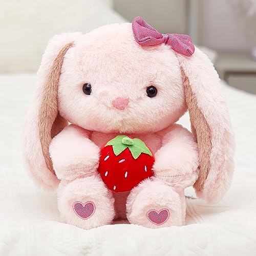 CozyWorld 10" Plush Bunny Rabbit Stuffed Animal Easter Floppy Ear Sitting Bunny Plush Pink Rabbit Plushie Toy with Strawberry Fluffy Soft Hugging Bedtime Friend Plush Toy Gifts for Kids Girls Boys