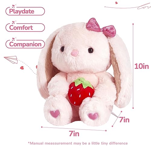 CozyWorld 10" Plush Bunny Rabbit Stuffed Animal Easter Floppy Ear Sitting Bunny Plush Pink Rabbit Plushie Toy with Strawberry Fluffy Soft Hugging Bedtime Friend Plush Toy Gifts for Kids Girls Boys