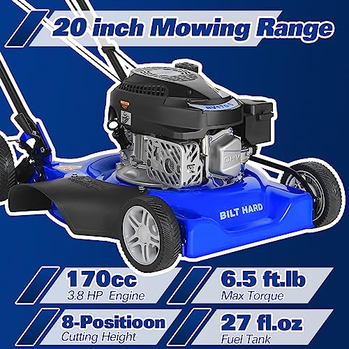 BILT HARD Gas Lawn Mower 20 inch, 2 in 1 170cc 4-Stroke OHV Engine Cordless Lawnmower, 8 Adjustable Cutting Heights Push Mowers for Lawn, Yard and Garden