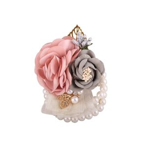 quupy pink grey wedding bride wrist corsage wristlet band bridesmaid wrist flower artificial rose faux pearl bracelet hand flower decor for prom party