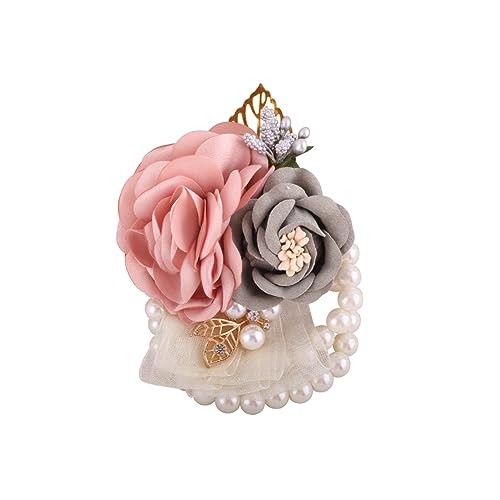 QUUPY Pink Grey Wedding Bride Wrist Corsage Wristlet Band Bridesmaid Wrist Flower Artificial Rose Faux Pearl Bracelet Hand Flower Decor for Prom Party