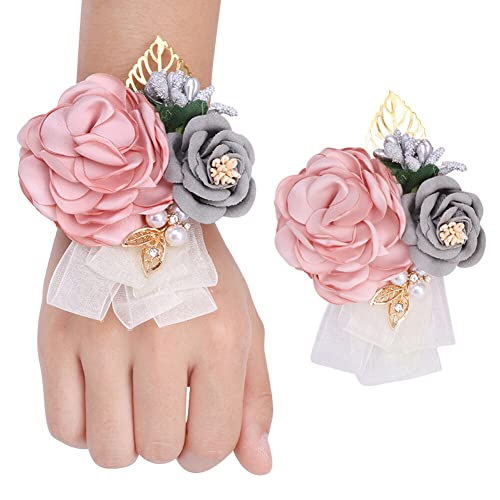 QUUPY Pink Grey Wedding Bride Wrist Corsage Wristlet Band Bridesmaid Wrist Flower Artificial Rose Faux Pearl Bracelet Hand Flower Decor for Prom Party