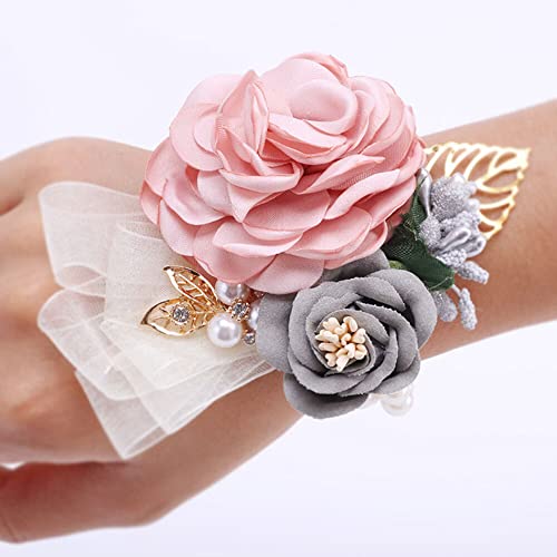 QUUPY Pink Grey Wedding Bride Wrist Corsage Wristlet Band Bridesmaid Wrist Flower Artificial Rose Faux Pearl Bracelet Hand Flower Decor for Prom Party