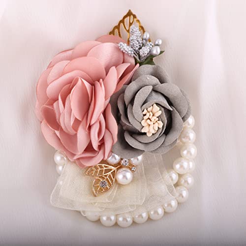 QUUPY Pink Grey Wedding Bride Wrist Corsage Wristlet Band Bridesmaid Wrist Flower Artificial Rose Faux Pearl Bracelet Hand Flower Decor for Prom Party