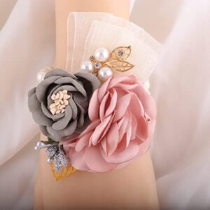 QUUPY Pink Grey Wedding Bride Wrist Corsage Wristlet Band Bridesmaid Wrist Flower Artificial Rose Faux Pearl Bracelet Hand Flower Decor for Prom Party