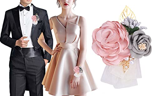 QUUPY Pink Grey Wedding Bride Wrist Corsage Wristlet Band Bridesmaid Wrist Flower Artificial Rose Faux Pearl Bracelet Hand Flower Decor for Prom Party