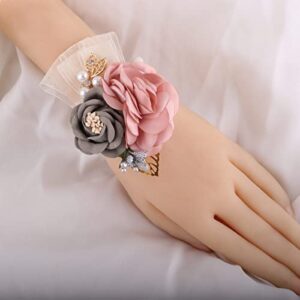 QUUPY Pink Grey Wedding Bride Wrist Corsage Wristlet Band Bridesmaid Wrist Flower Artificial Rose Faux Pearl Bracelet Hand Flower Decor for Prom Party